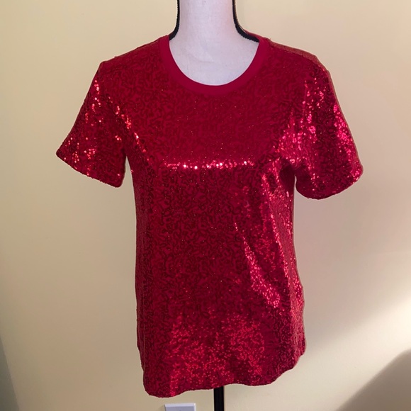 DKNY red size small sequin covered T-shirt - Picture 3 of 8